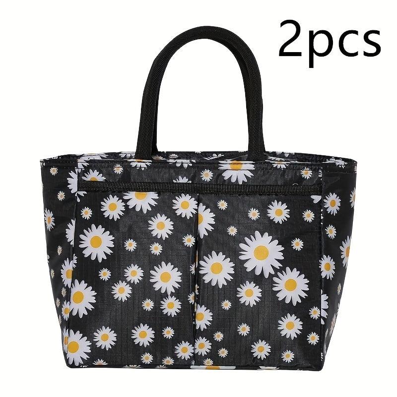 2 Pack Daisy Print Insulated Lunch Bag Bento Box Tote Square Hand Washable
