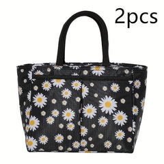 2 Pack Daisy Print Insulated Lunch Bag Bento Box Tote Square Hand Washable