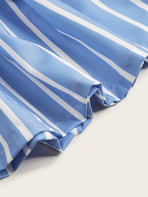 Striped Lace Up Long Dress Short Sleeve V neck Swing Belt Summer Long Dresses