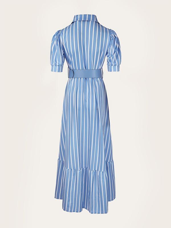 Striped Lace Up Long Dress Short Sleeve V neck Swing Belt Summer Long Dresses