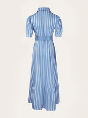 Striped Lace Up Long Dress Short Sleeve V neck Swing Belt Summer Long Dresses