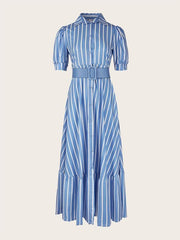 Striped Lace Up Long Dress Short Sleeve V neck Swing Belt Summer Long Dresses