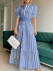 Striped Lace Up Long Dress Short Sleeve V neck Swing Belt Summer Long Dresses