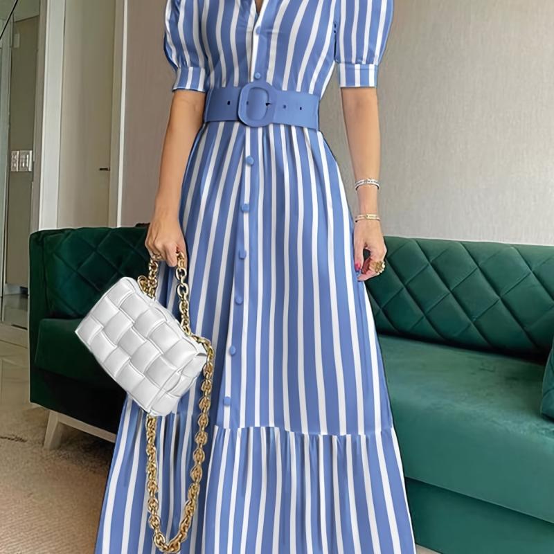 Striped Lace Up Long Dress Short Sleeve V neck Swing Belt Summer Long Dresses