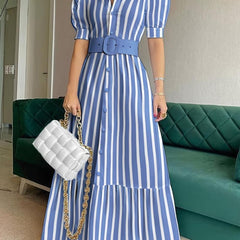 Striped Lace Up Long Dress Short Sleeve V neck Swing Belt Summer Long Dresses