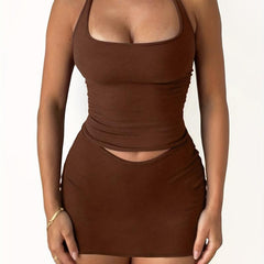 Women's Lace Up Backless Bodycon Crop Skirt Set