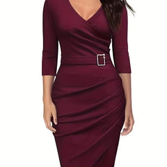 V Neck Pleated Pencil Dress 3 4 Sleeve Bodycon Office Dress