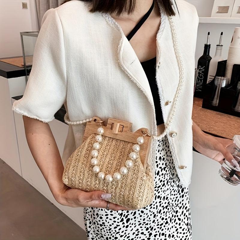 Straw Woven Beach Bag Faux Pearl Chain Wooden Clip Purse