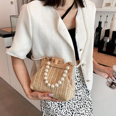Straw Woven Beach Bag Faux Pearl Chain Wooden Clip Purse