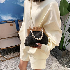 Straw Woven Beach Bag Faux Pearl Chain Wooden Clip Purse