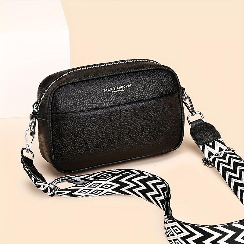Leather Crossbody Bag With Wide Shoulder Strap And Zipper