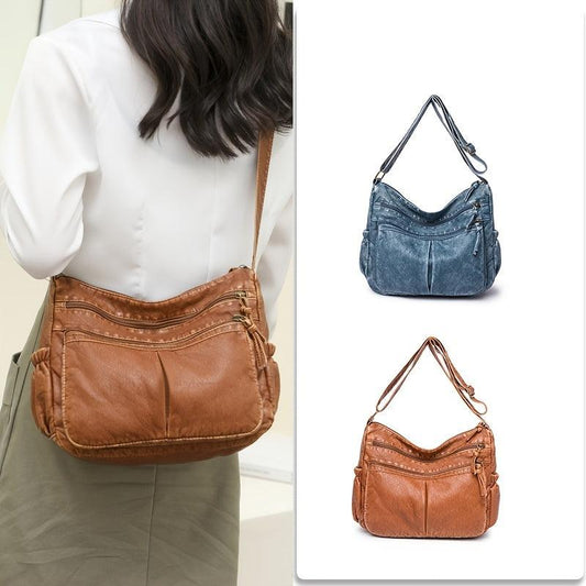 Retro Crossbody Bag Pockets Shoulder Bag Washed Leather Purse For Women