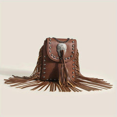 Fringe Crossbody Bag with Studs and Skull Decor