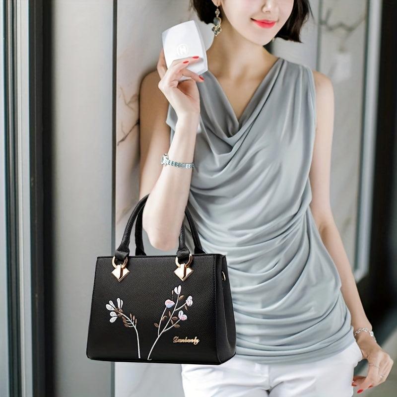 Flower Embroidery Crossbody Bag Top Handle Satchel Purse
