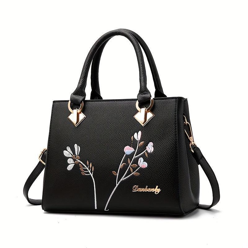 Flower Embroidery Crossbody Bag Top Handle Satchel Purse