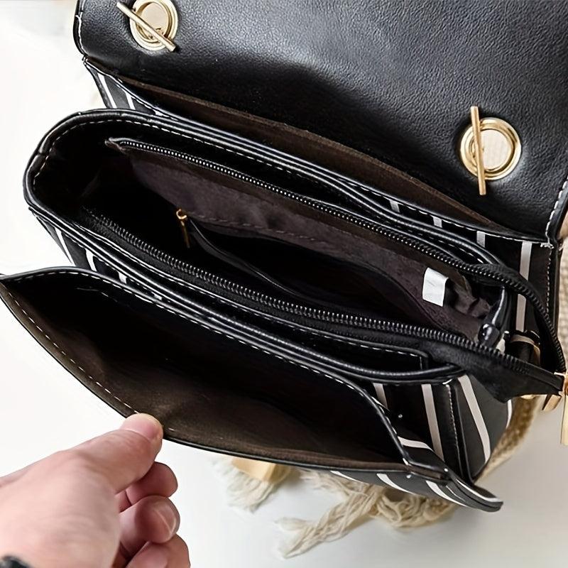 Stripes Print Crossbody Bag Chain Decor Shoulder Bag Women's Square Purse