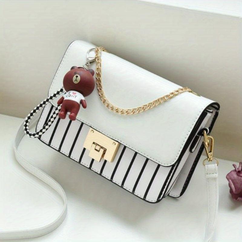 Stripes Print Crossbody Bag Chain Decor Shoulder Bag Women's Square Purse