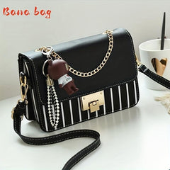 Stripes Print Crossbody Bag Chain Decor Shoulder Bag Women's Square Purse