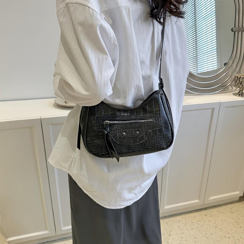 Vintage Crocodile Pattern Shoulder Bag Y2K Motorcycle Bag Women's Underarm Purse