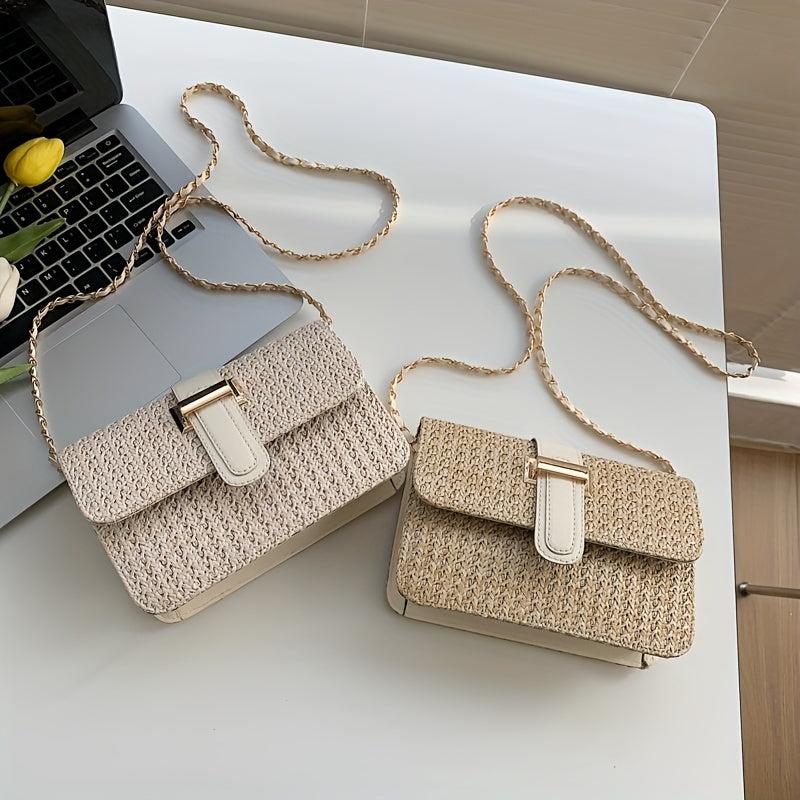 Boho Straw Crossbody Bag Square Purse Chain Beach Vacation
