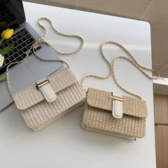 Boho Straw Crossbody Bag Square Purse Chain Beach Vacation