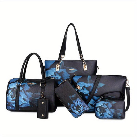 6Pcs Floral Pattern Handbag Set Vintage Tote Bag With Boston Bag
