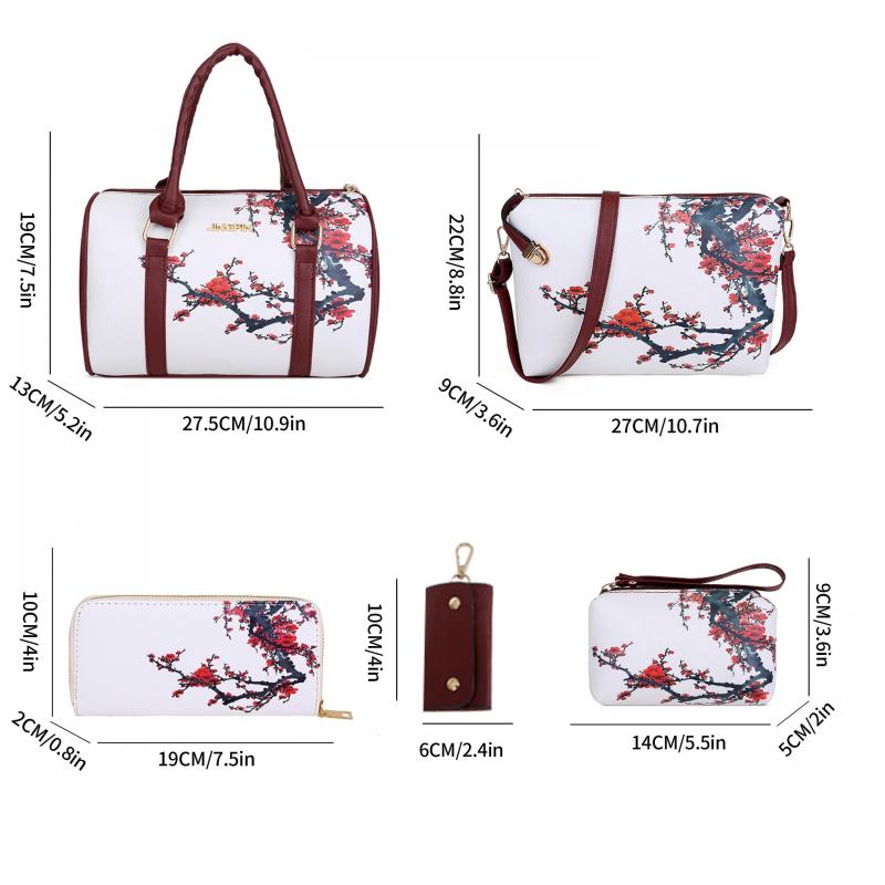 6Pcs Floral Pattern Handbag Set Vintage Tote Bag With Boston Bag