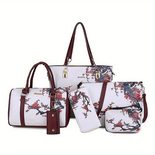 6Pcs Floral Pattern Handbag Set Vintage Tote Bag With Boston Bag
