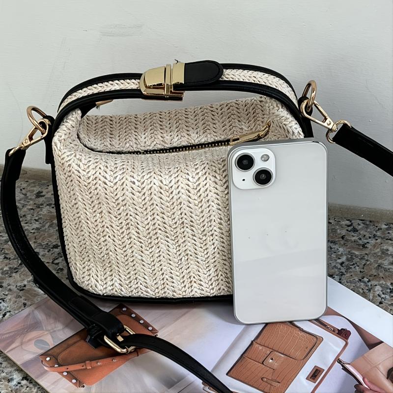 Straw Crossbody Bag Vacation Style Zipper Shoulder Bag
