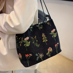 Vintage Floral Embroidery Shoulder Bag Daily Bucket Handbag for Women