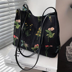 Vintage Floral Embroidery Shoulder Bag Daily Bucket Handbag for Women