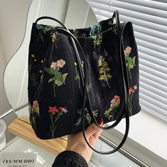 Vintage Floral Embroidery Shoulder Bag Daily Bucket Handbag for Women