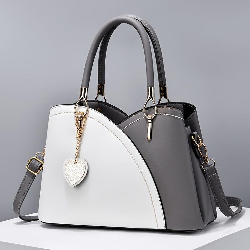 Two Tone Handbag With Bag Charm Double Handle Purse Women's Crossbody Bag