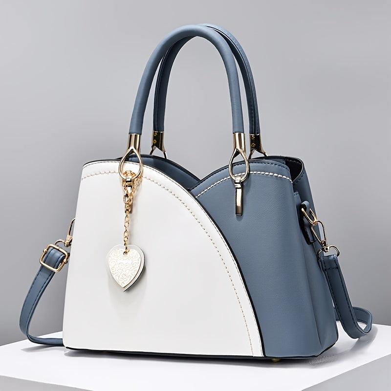 Two Tone Handbag With Bag Charm Double Handle Purse Women's Crossbody Bag