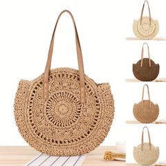 Straw Woven Casual Handbag Double Handle Beach Bag Lightweight Shoulder Bag
