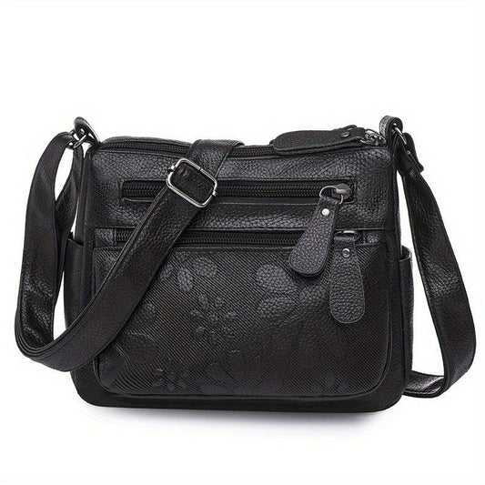 Flower Embossed Crossbody Bag PU Leather Shoulder Bag Women's Pockets