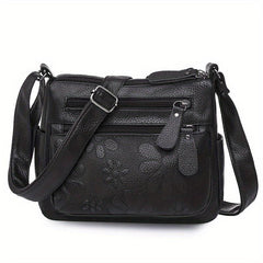 Flower Embossed Crossbody Bag PU Leather Shoulder Bag Women's Pockets
