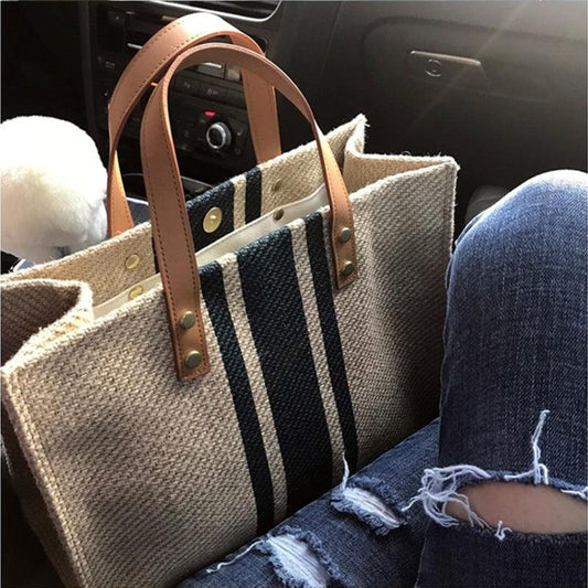 Striped Canvas Tote Bag Large Capacity Briefcase Women's Work Shoulder Bag