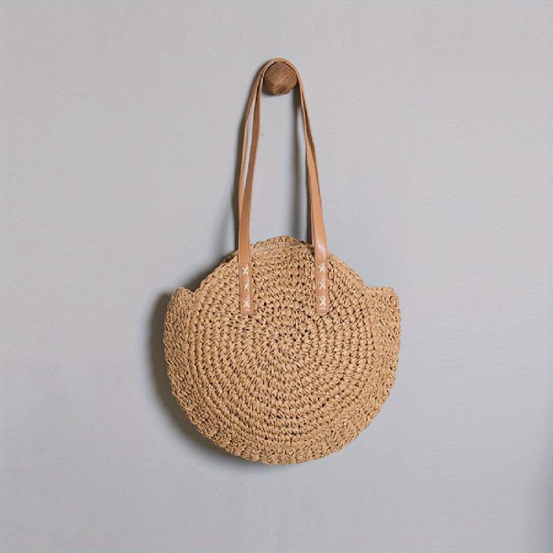 Woven Straw Round Handbag Hollow Out Beach Bag Large Capacity Shoulder Bag
