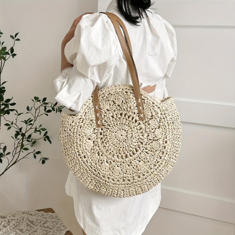Woven Straw Round Handbag Hollow Out Beach Bag Large Capacity Shoulder Bag