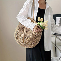 Woven Straw Round Handbag Hollow Out Beach Bag Large Capacity Shoulder Bag