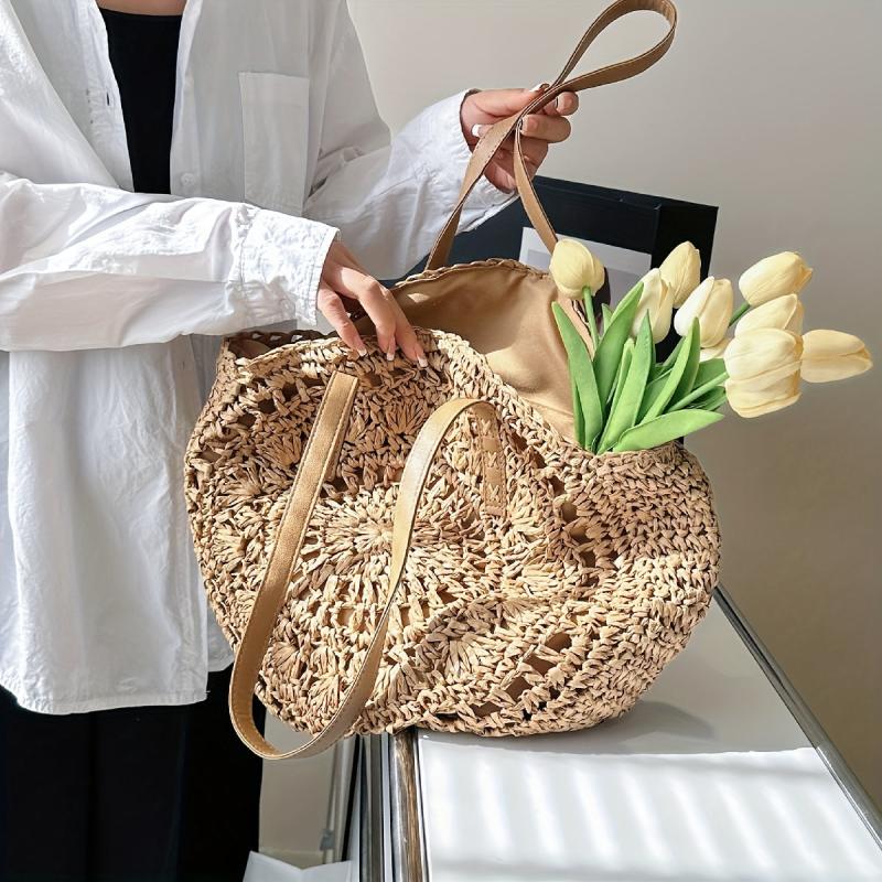 Woven Straw Round Handbag Hollow Out Beach Bag Large Capacity Shoulder Bag