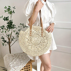 Woven Straw Round Handbag Hollow Out Beach Bag Large Capacity Shoulder Bag