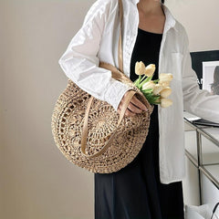 Woven Straw Round Handbag Hollow Out Beach Bag Large Capacity Shoulder Bag