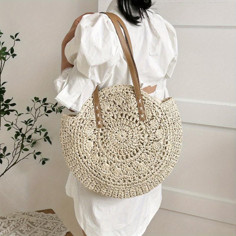 Woven Straw Round Handbag Hollow Out Beach Bag Large Capacity Shoulder Bag