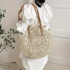 Woven Straw Round Handbag Hollow Out Beach Bag Large Capacity Shoulder Bag
