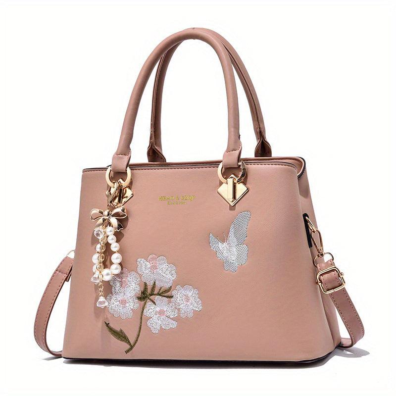 Butterfly & Flower Embroidered Tote Bag Classic Satchel Bag