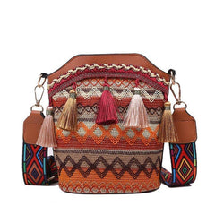 Geometric Embroidery Bucket Bag Tassel Decor Crossbody Bag