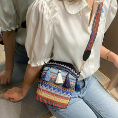 Geometric Embroidery Bucket Bag Tassel Decor Crossbody Bag