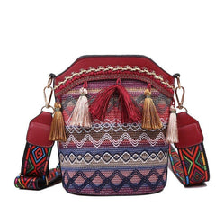 Geometric Embroidery Bucket Bag Tassel Decor Crossbody Bag